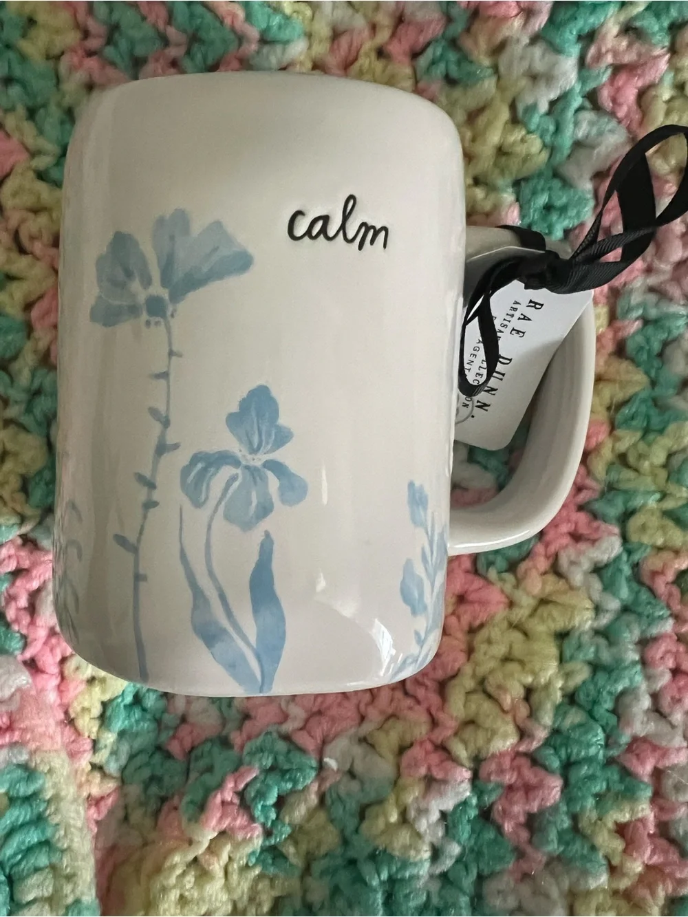 Rae Dunn White Mug with Pale Blue Floral Design - calm